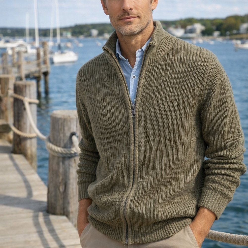 Vintage LL Bean Olive Green Zip Cardigan Sweater Mens Large Cotton